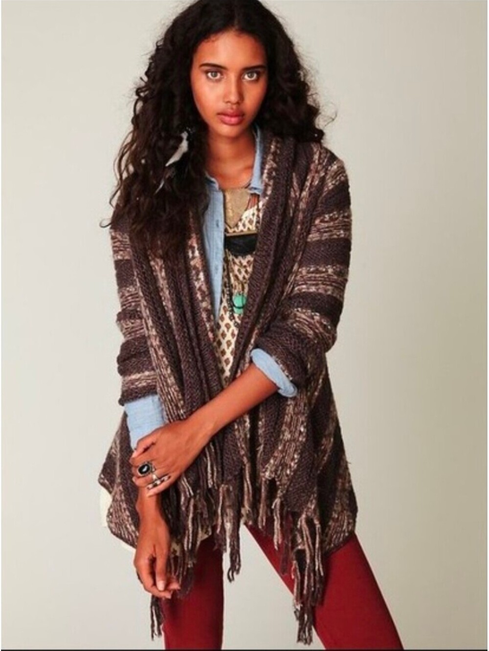 Free People Brown Knit Open Front Cardigan Sweater